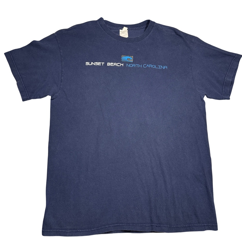 Vtg Sunset Beach North Carolina T-Shirt Mens Navy Blue Wave Graphic Tee Size L